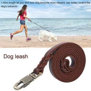 Durable 6.1ft Leather Dog Training Leash Strap for Large Medium Dogs Brown